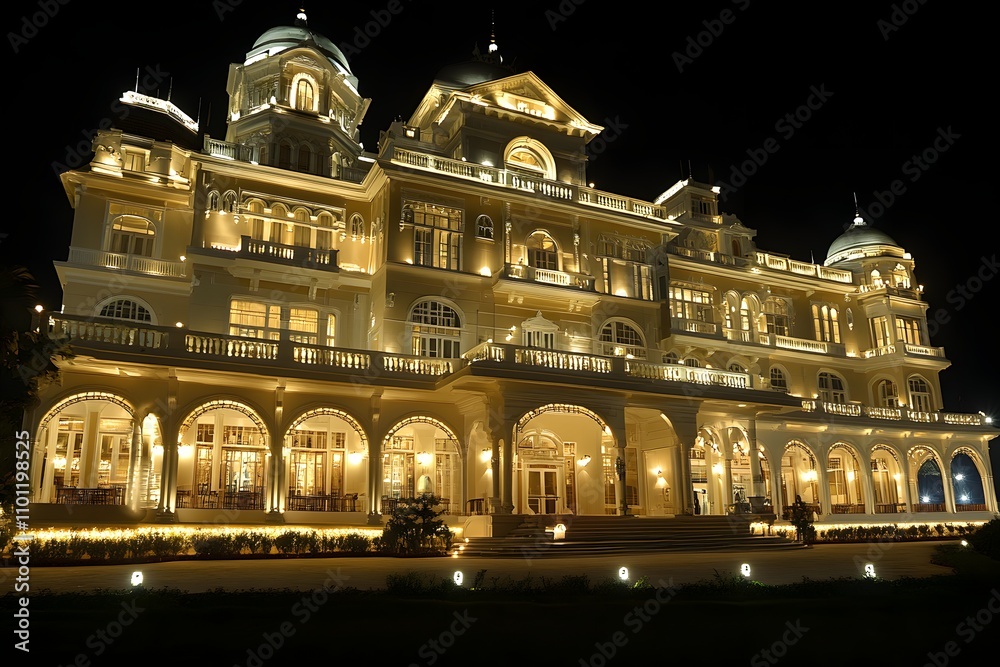 Fototapeta premium Grand Hotel Exterior with Illuminated Facade