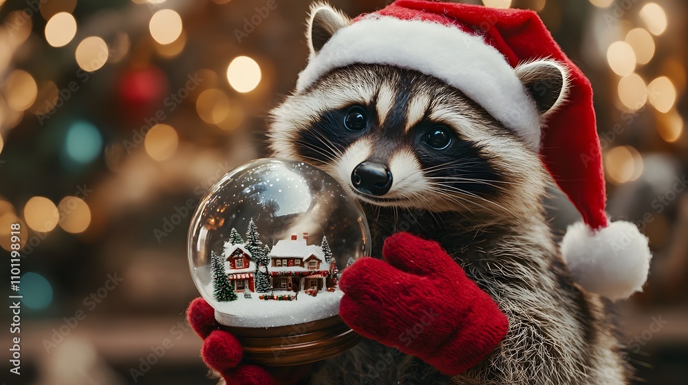 Fototapeta premium Festive raccoon with a Santa hat and mittens, holding a snow globe with a miniature Christmas scene inside