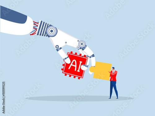 Businessman and ai robot hand connect jigsaw puzzle together.Human and Artificial Intelligence working together machine or automation to help or support work vector