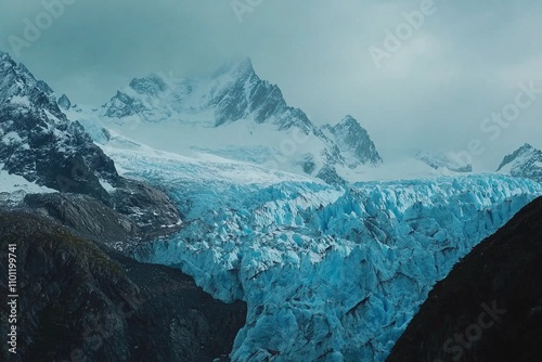 Eisige Gletscher Landschaft mit hohen Bergen im Hintergrund  photo