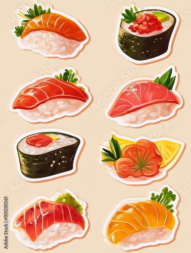 Vibrant Sashimi Slices with Garnishes   Stylized for Children s Decor and Packaging Design photo