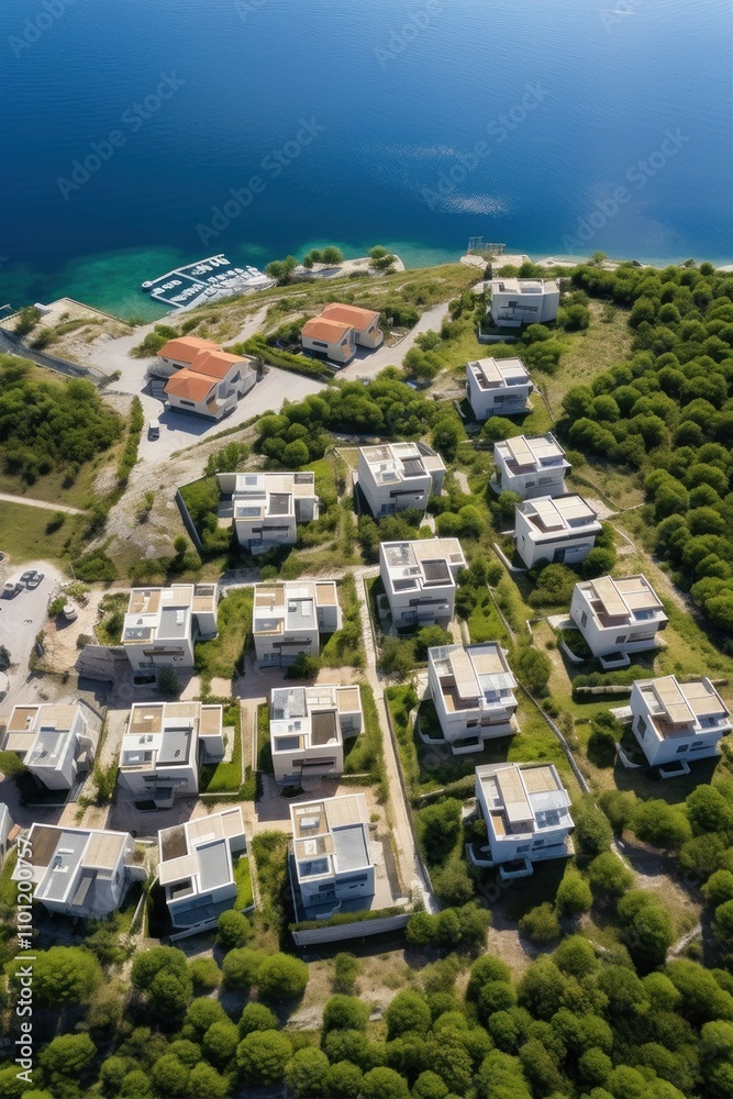Fototapeta premium Aerial view of a stunning coastal residential area amid lush greenery and nature. An exquisite, luxurious modern villas