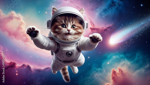 Cute fluffy kitten in a white spacesuit and helmet, joyfully floating through vibrant space filled with nebulae and a comet. photo