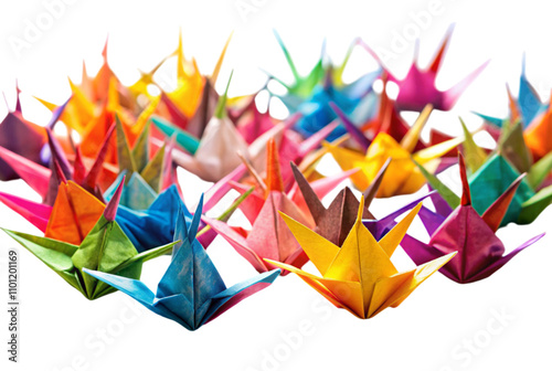 Colorful origami paper cranes dance in the breeze photo