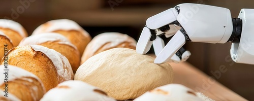 A robotic hand delicately touches freshly baked bread rolls, highlighting the intersection of technology and culinary arts.