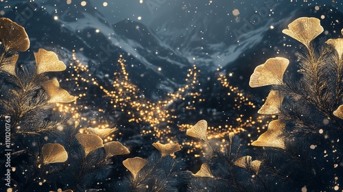 3D abstract art background with golden and teal leaves on dark blue, wallpaper design for wall decoration in the style of interior mural poster print modern painting