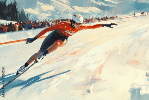 Speed skater racing, snowy landscape, spectators watching. photo