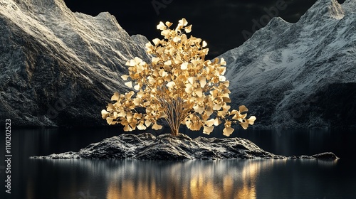 3D abstract art background with golden and teal leaves on dark blue, wallpaper design for wall decoration in the style of interior mural poster print modern painting