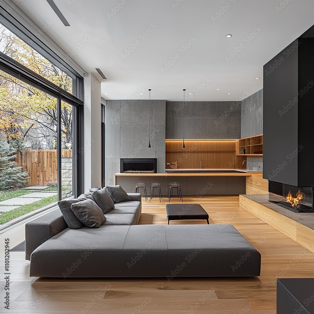 Fototapeta premium living room designed minimalist interior space, featuring soft, neutral tones and sleek, modern furniture. The room has a cozy yet sophisticated feel