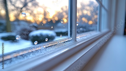 close up of double glazed window condensation caused by excessive moisture in the house in winter occurs when the seal between panes is broken or desiccant inside the windo photo