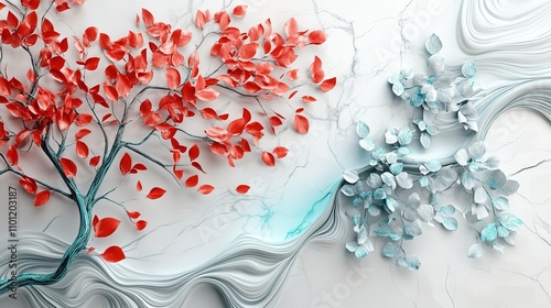 3D abstract art background with golden and teal leaves on dark blue, wallpaper design for wall decoration in the style of interior mural poster print modern painting