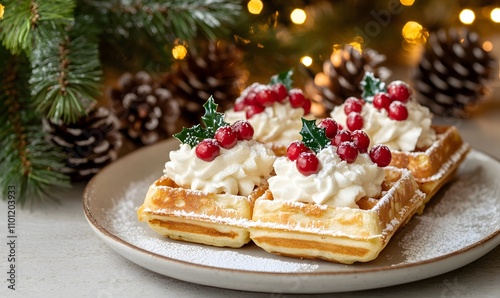Wallpaper Mural Square Belgian waffles on a plate, cream and holly berries on top of the waffles, Generative AI  Torontodigital.ca