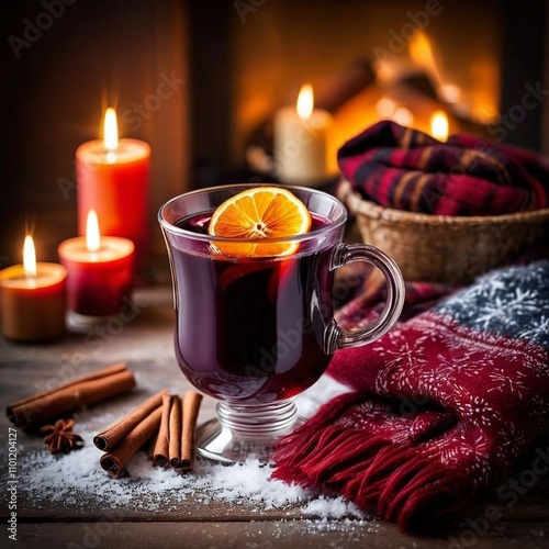 Delicious mulled wine and blurred fireplace on background