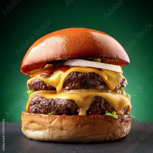 Beef burger with cheese, tomatoes, red onions, on wooden slate over dark green background