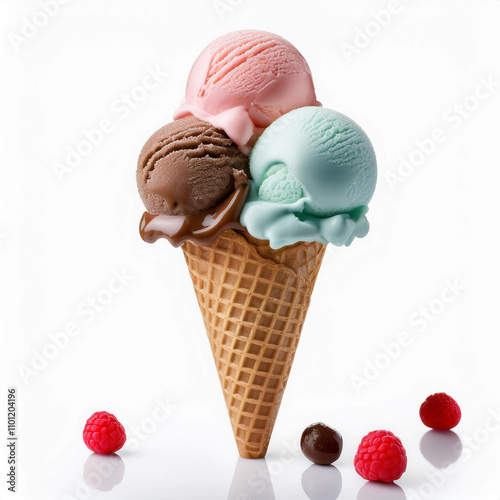 Colorful ice cream scoops and waffle cone on white background