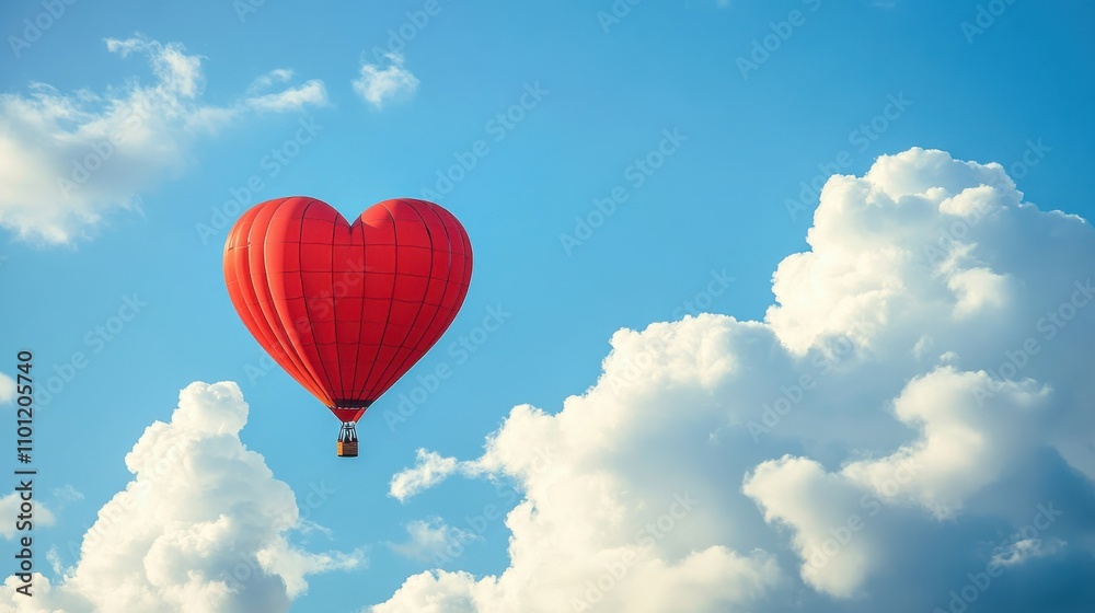 Obraz premium Vibrant red heart-shaped hot air balloon soaring through a bright blue sky filled with fluffy clouds