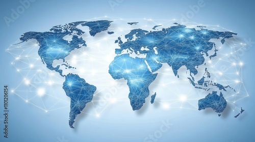 Digital world map representation with network connectivity illustrated in blue tones