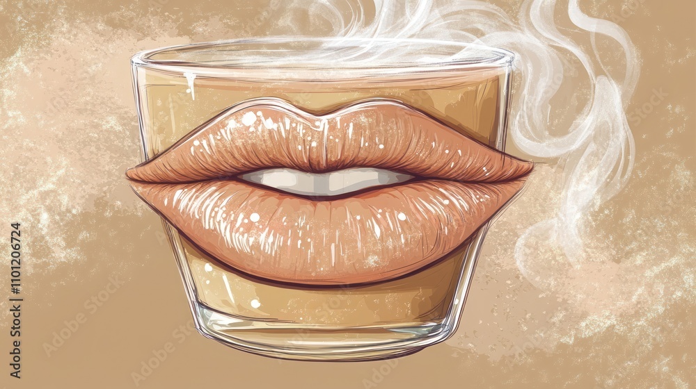 Obraz premium A stylized glass with lips and steam, suggesting a warm beverage.