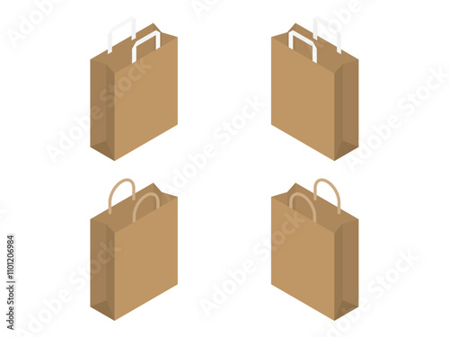 アイソメトリック紙袋アイコンセット：茶色