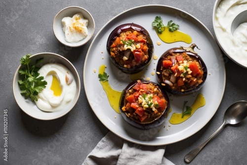 Flat Lay of Imam Bayildi with Stuffed Eggplants and Tomatoes 