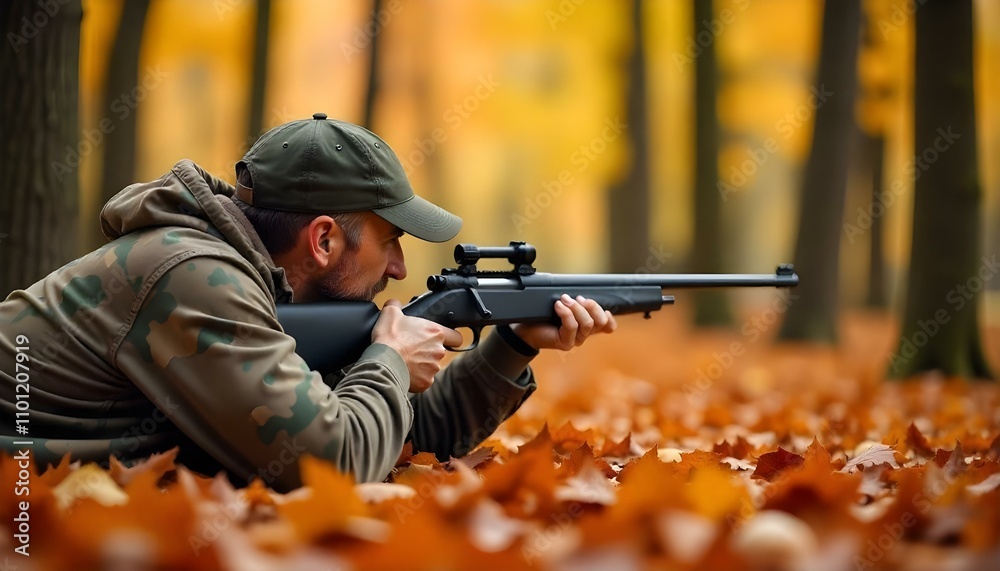 Fototapeta premium Camouflaged hunter with a rifle hiding in the undergrowth