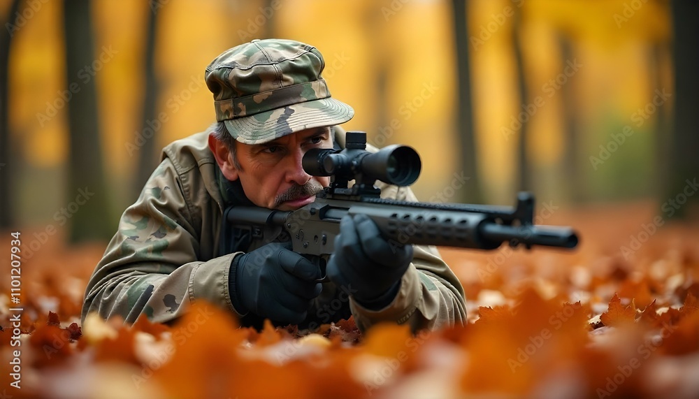 Fototapeta premium Hunter with a rifle in full camouflage gear and a military style hat