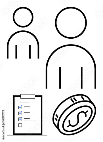 Stick figure user icons, checklist with blue checkmarks, and dollar coin highlight financial planning, task management, and user organization. Ideal for finance, productivity, business strategy. Line photo