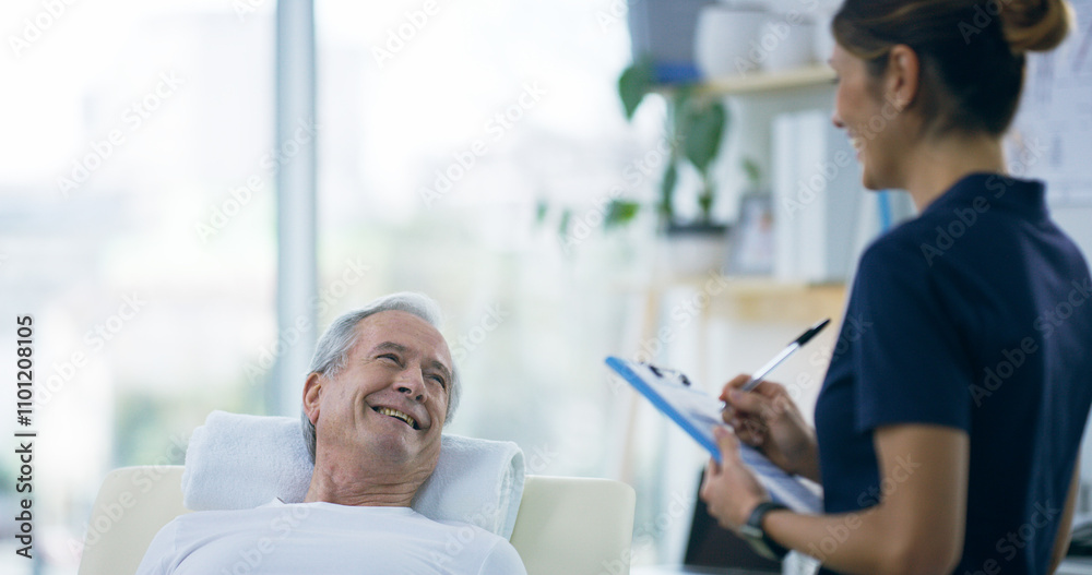 Obraz premium Checklist, physiotherapist and senior man in clinic for checkup on injury, accident or rehabilitation. Chiropractor, clipboard and healthcare worker with elderly male patient for medical report.