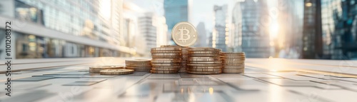 A stack of coins, including a Bitcoin, is positioned on a digital surface with a blurred cityscape in the background, suggesting themes of finance and technology. photo