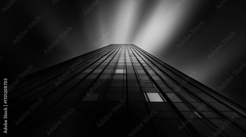 Fototapeta premium A Dramatic Low-Angle View of a Modern Skyscraper with Striking Light Rays Illuminating the Structure Against a Dark Sky in Black and White Photography