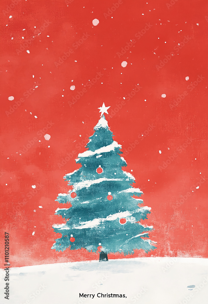 Obraz premium Festive Christmas tree adorned with ornaments against a bright red background with falling snow