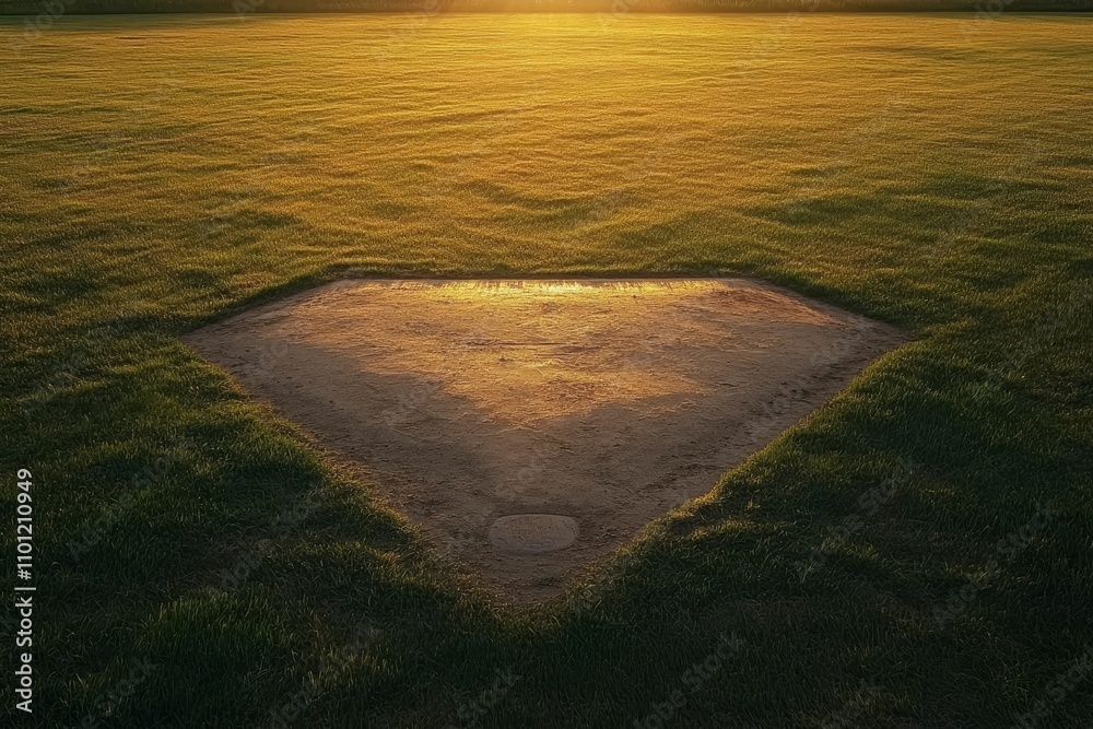 Fototapeta premium Golden hour illuminates empty baseball infield.