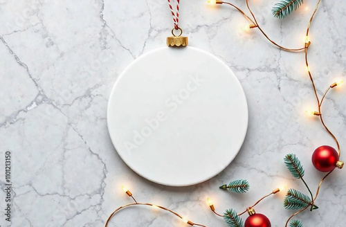 Plain white flat circle ceramic christmas ornament with a gold string, on grey marble background. White flat ornament mockup