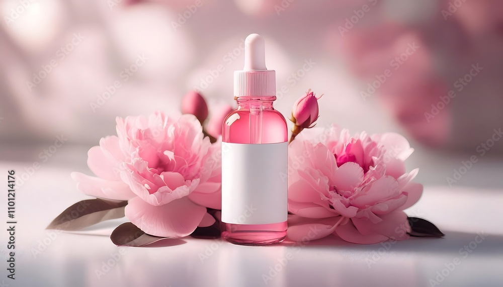 Pink dropper bottle white label skincare product elegant modern clean minimalist chic eco-friendly. Pink dropper bottle white label skincare product elegant modern clean minimalist chic eco-friendly.