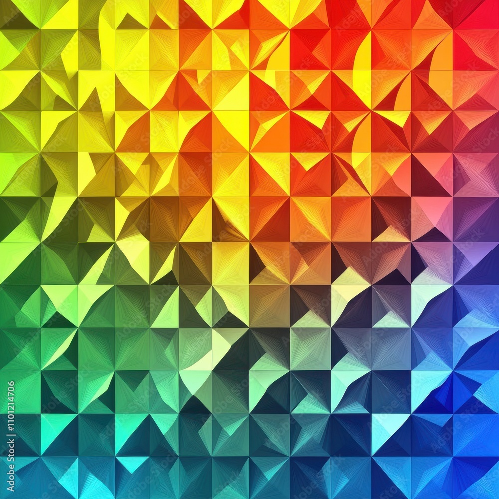 Obraz premium Vibrant abstract geometric pattern in a rainbow spectrum of colors, showcasing layered triangular shapes.