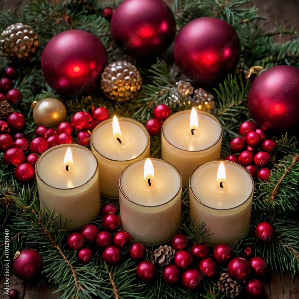 Festive Candle Arrangement. Candles surrounded by pine branches, cranberries, and glittering ornaments Festive Candle Arrangement. Candles surrounded by pine branches, cranberries, and glittering ornaments