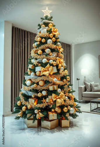 A beautifully decorated Christmas tree adorned with gold ornaments, ribbons, and star topper, set in a contemporary living room. The festive ambiance is enhanced by wrapped gifts under the tree.

