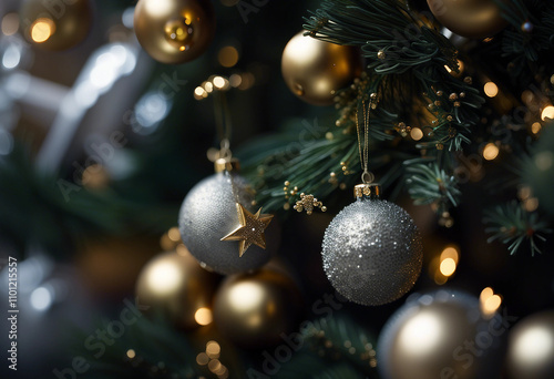 A close-up of shimmering gold and silver Christmas ornaments adorning an evergreen branch, capturing the festive and luxurious spirit of the holiday season with sparkling decorations and intricate des