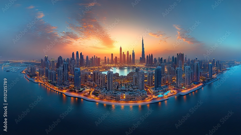 Fototapeta premium dubai skyline at night little planet effect panoramic aerial top view to downtown city center landmark