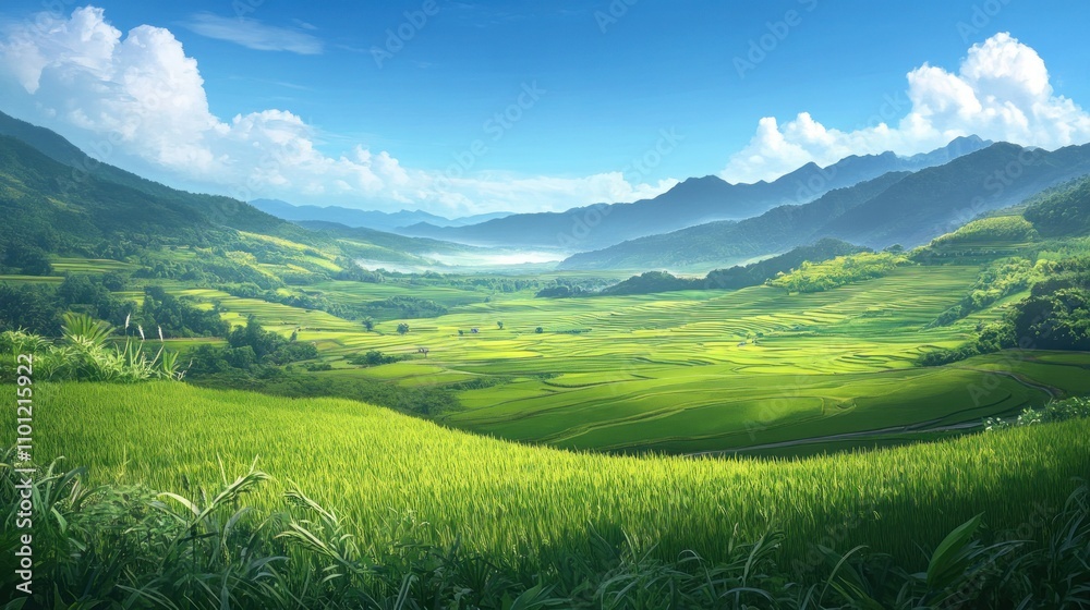 Green rice fields are surrounded by hills and cool mountains in the distance. The sky above was bright blue background wallpaper AI generated image Green rice fields are surrounded by hills and cool mountains in the distance. The sky above was bright blue background wallpaper AI generated image