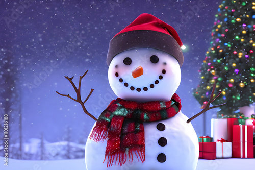 A snowman with a red hat and scarf is standing in front of a Christmas tree