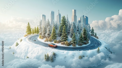 earth globe in three dimensions included is a highway design with city desert forest and snowy roads imaginative concept design surrounded by clouds auto advertisement photo