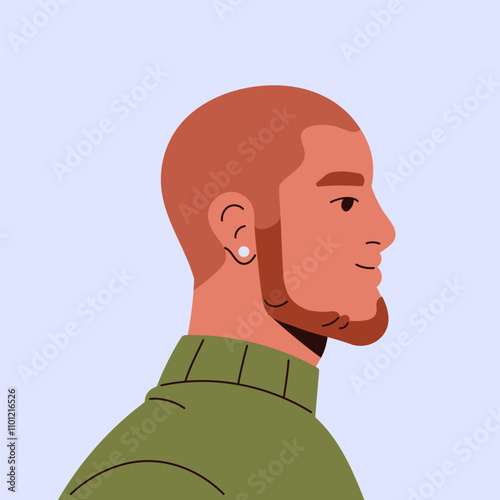 Avatar of bald man with skipper's beard side view. Profile of hairless person with whiskers, sideburns on face. Square shape portrait of smooth head with earring. Flat isolated vector illustration