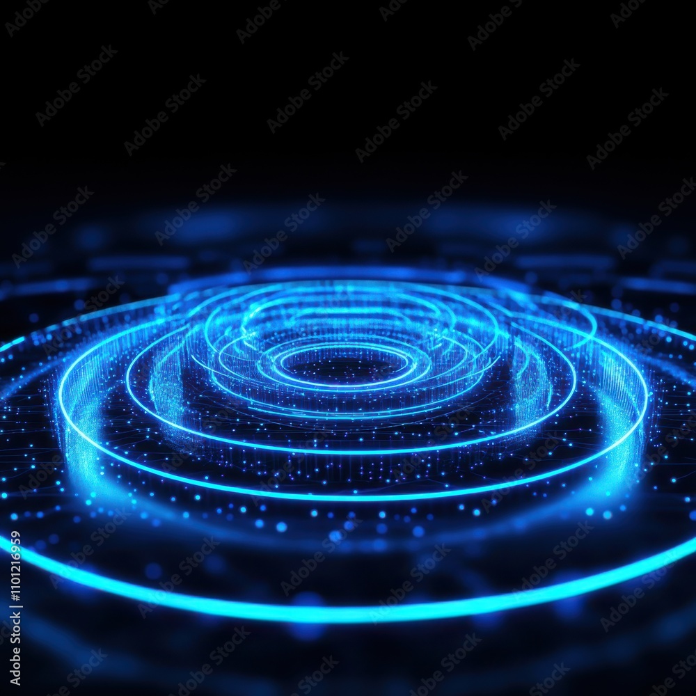 Fototapeta premium Abstract blue circular wave patterns glowing in the dark, creating a futuristic digital landscape.