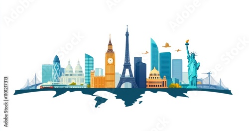 A globe with famous landmarks from around the world