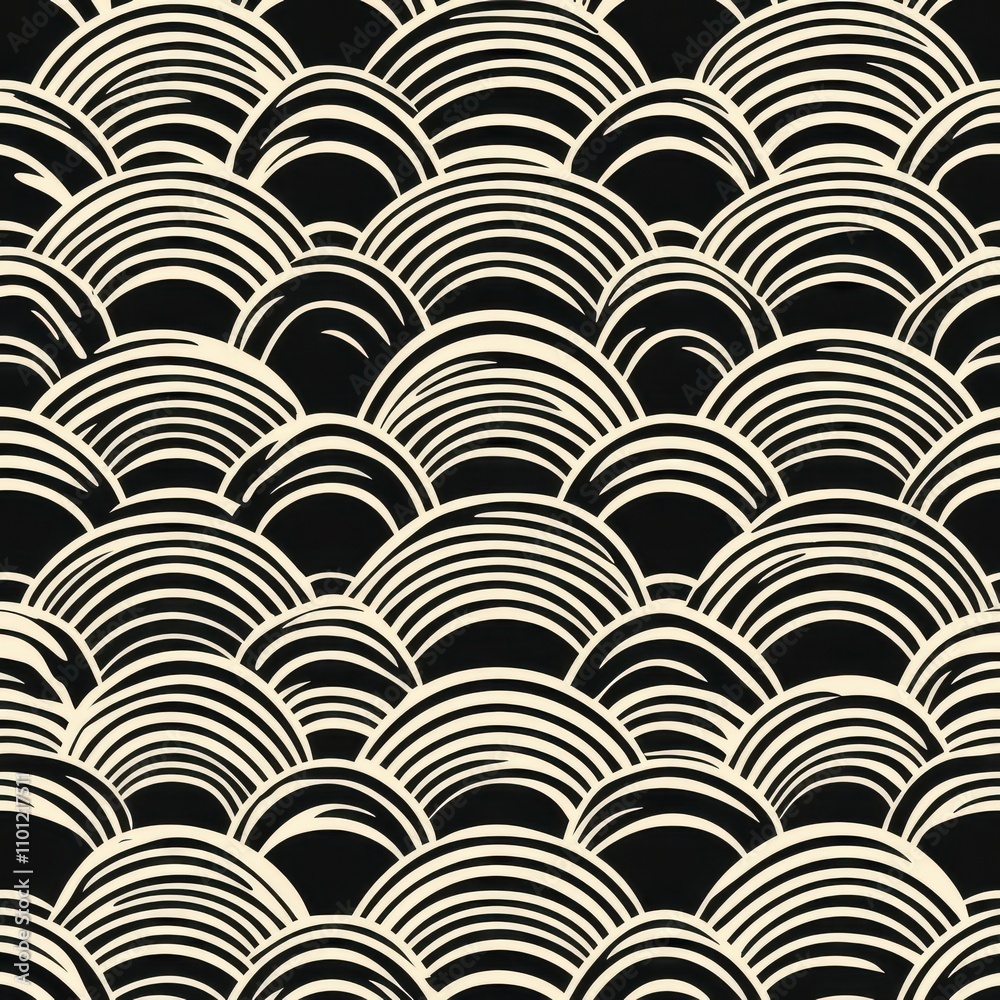 Elegant black and cream wave pattern with overlapping semicircles creating a rhythmic design. Elegant black and cream wave pattern with overlapping semicircles creating a rhythmic design.