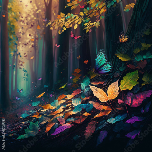 A colorful forest scene with butterflies and leaves