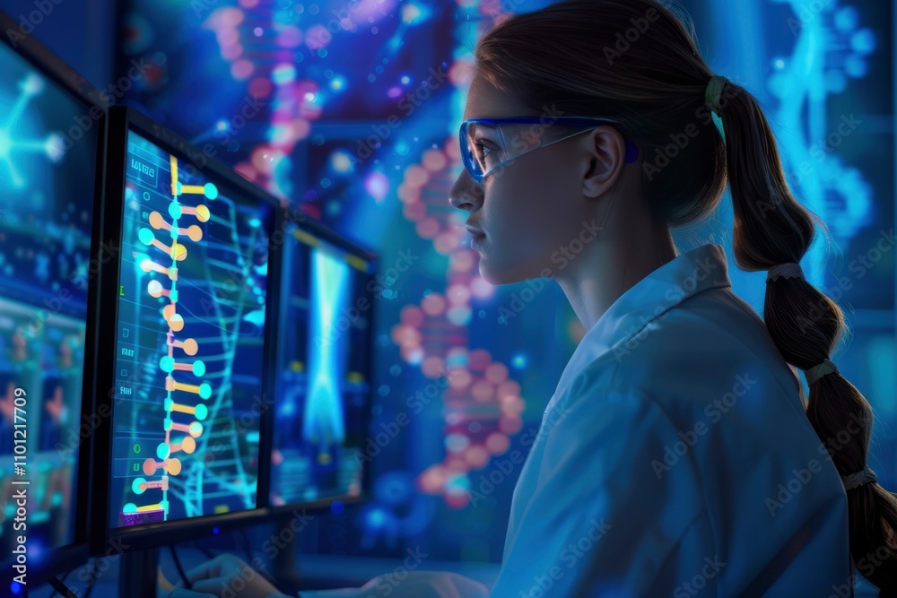 Fototapeta premium Medicine and biotechnology. Girl doctor, laboratory assistant in glasses against the background of virtual glowing projection of human DNA molecules. Abstract DNA chromosome, genetics