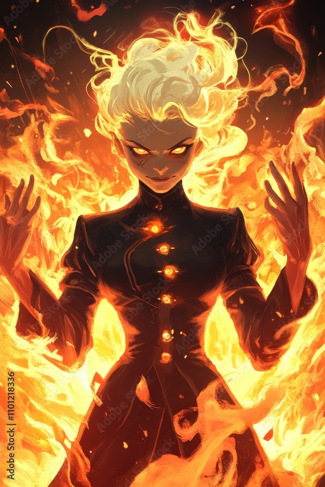 Fototapeta premium Fiery woman, dark dress, glowing eyes, intense expression.