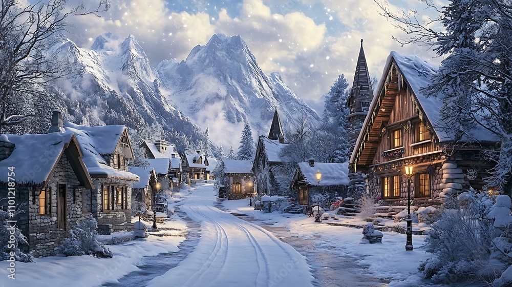 A small village in a winter wonderland, with snow-covered cottages, icy streets, and a backdrop of snow-capped mountains and bare trees A small village in a winter wonderland, with snow-covered cottages, icy streets, and a backdrop of snow-capped mountains and bare trees